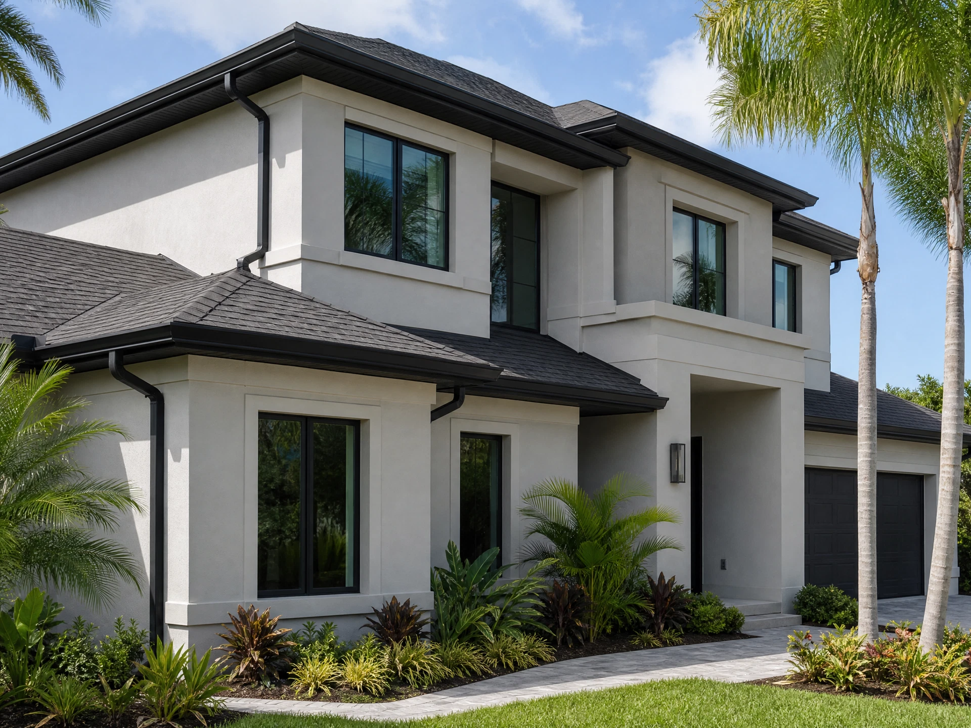 Conceptual Florida home preview with Black seamless gutters and downspouts