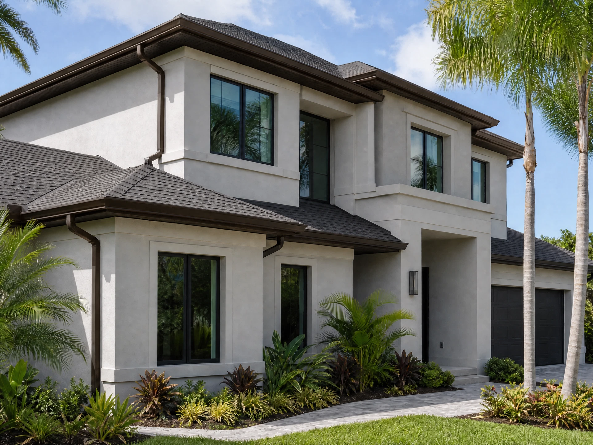 Conceptual Florida home preview with Bronze seamless gutters and downspouts