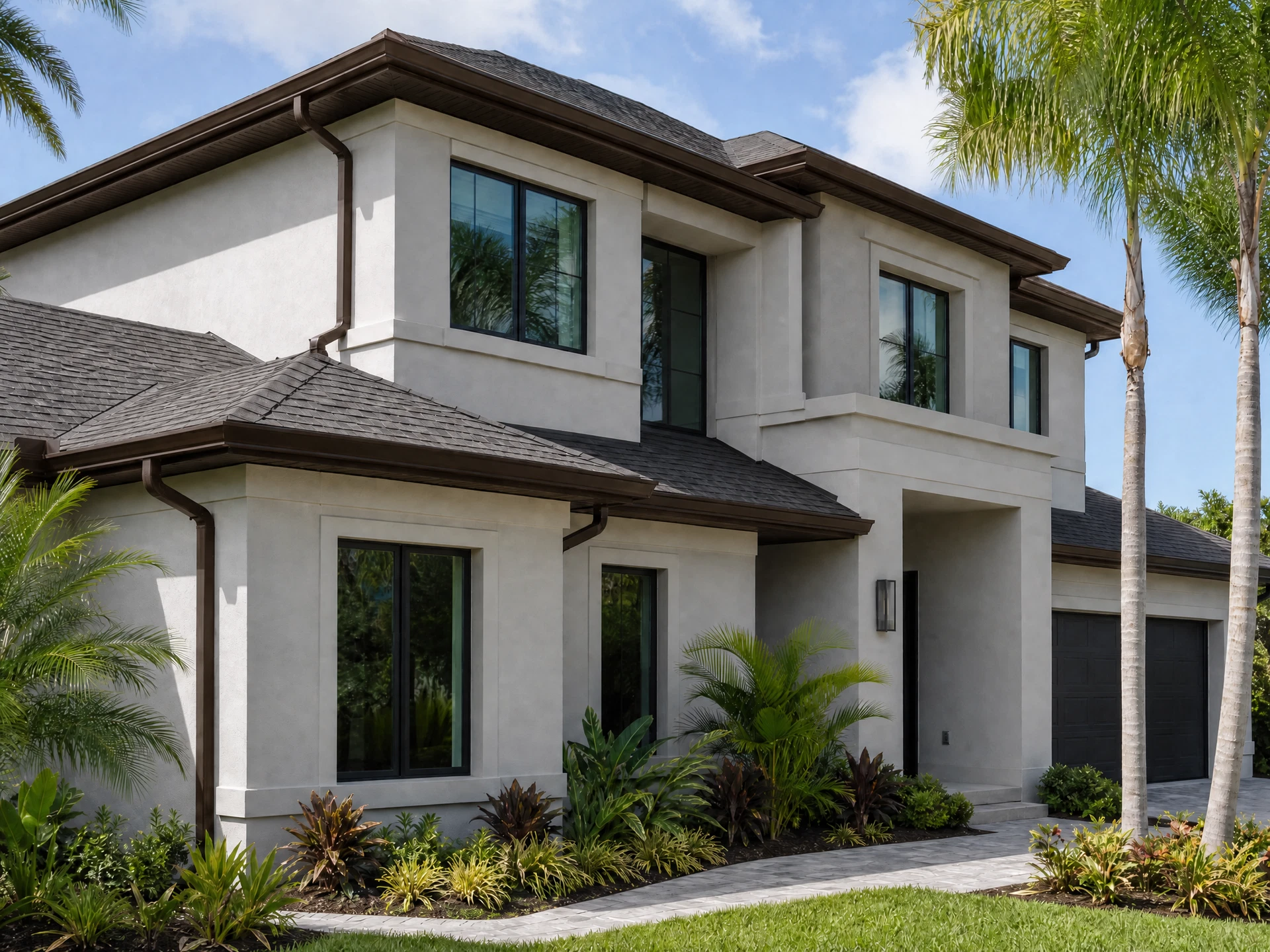Conceptual Florida home preview with Musket Brown seamless gutters and downspouts