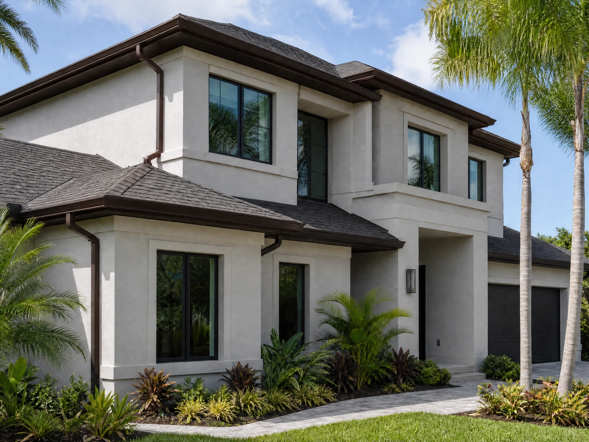 Conceptual Florida home preview with Royal Brown seamless gutters and downspouts